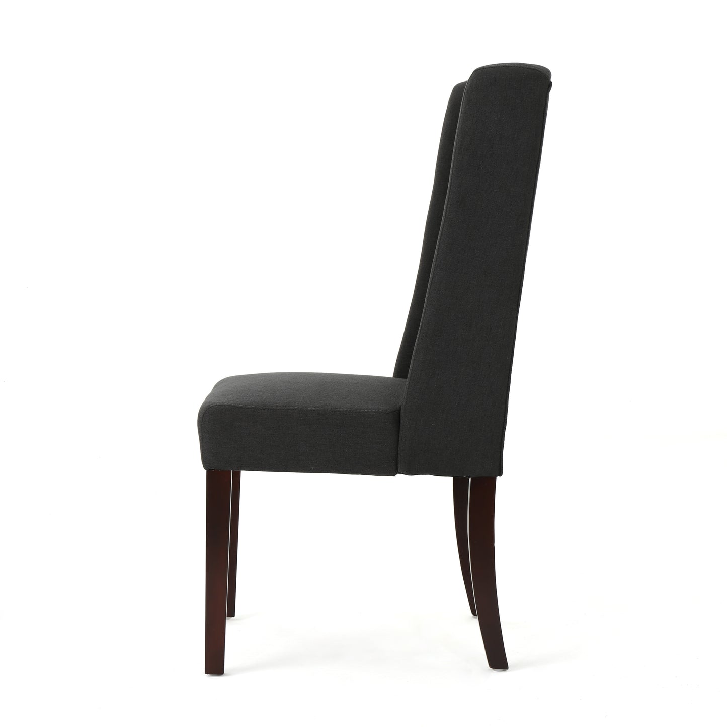 Dark grey upholstered dining chair with tall back and wooden legs