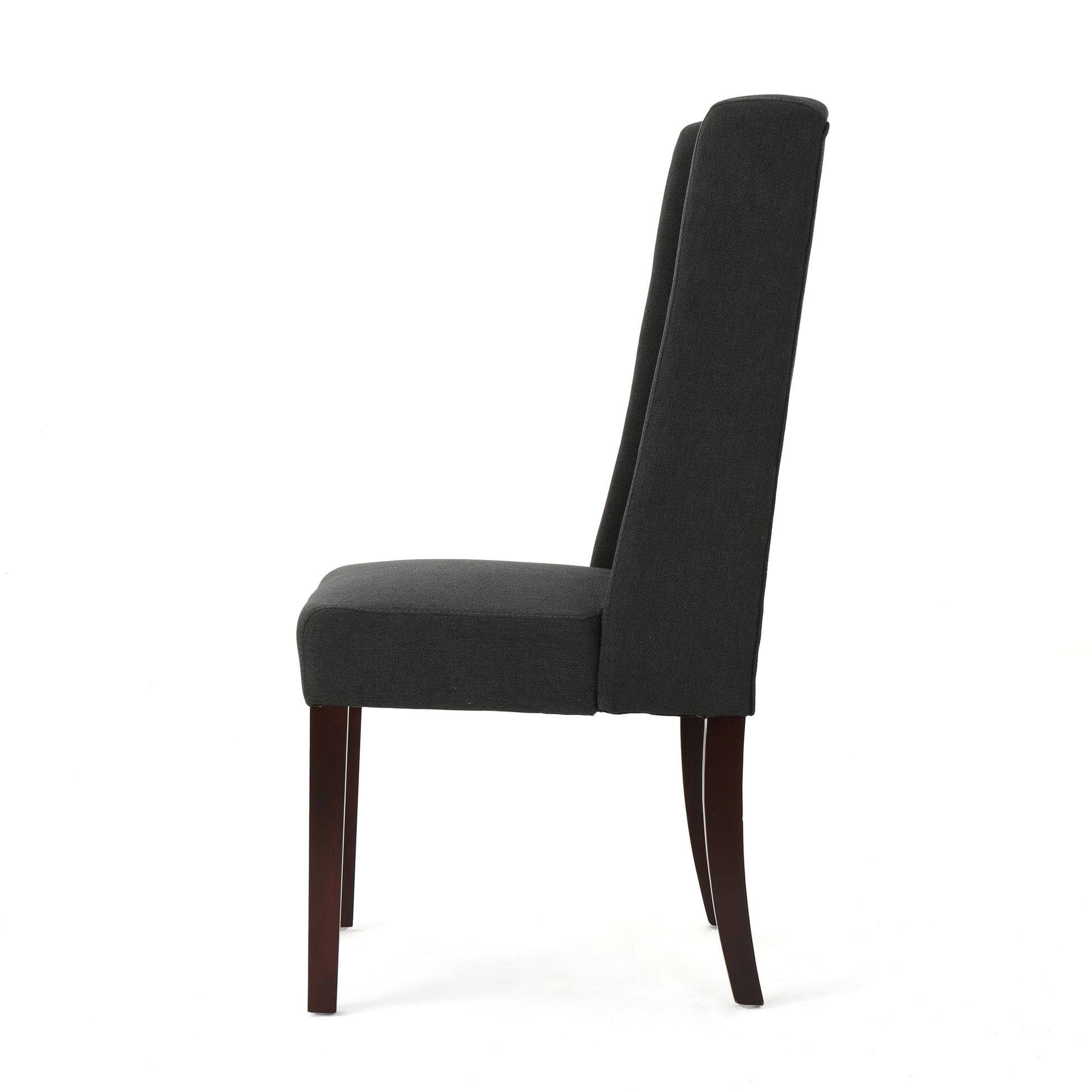 Dark grey upholstered dining chair with tall back and wooden legs