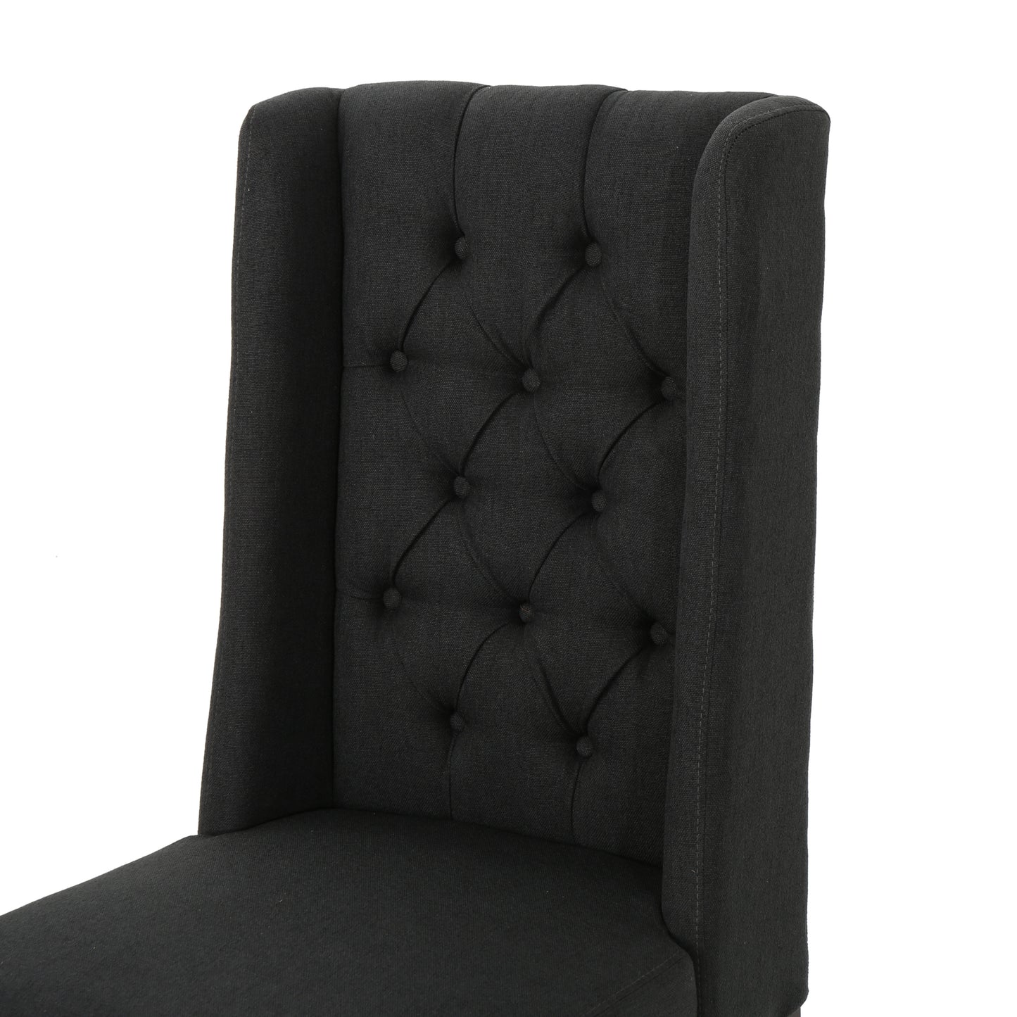 Dark grey linen tufted wingback dining chair back detail