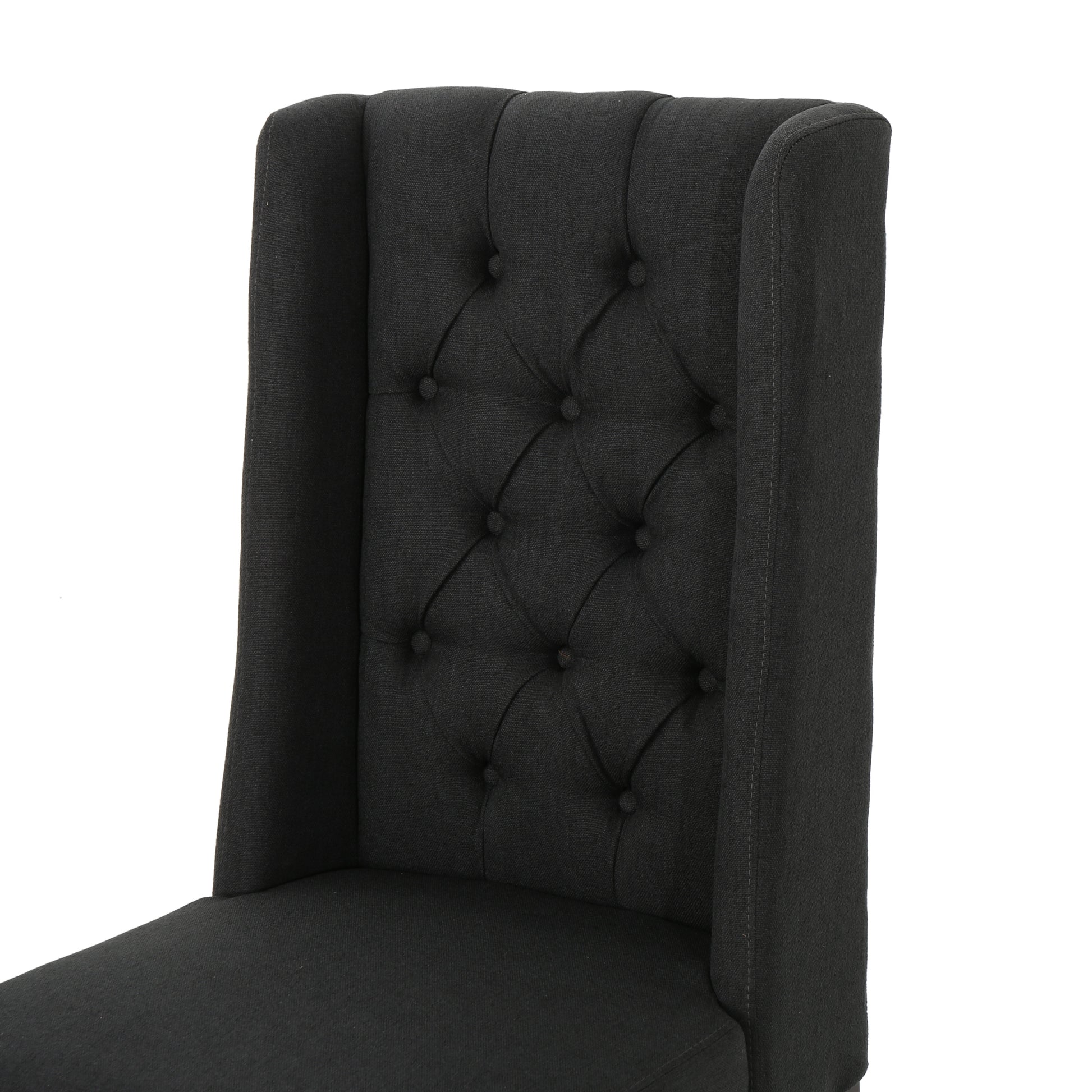 Dark grey linen tufted wingback dining chair back detail