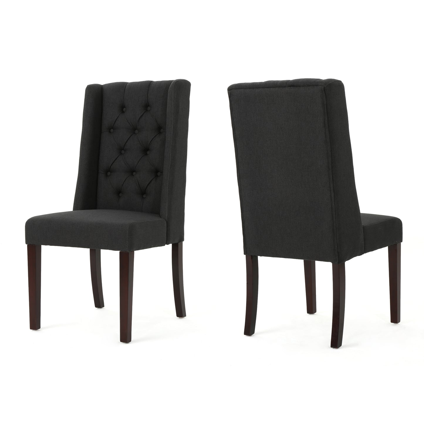 Dark gray upholstered dining chair with tufted back and wooden legs
