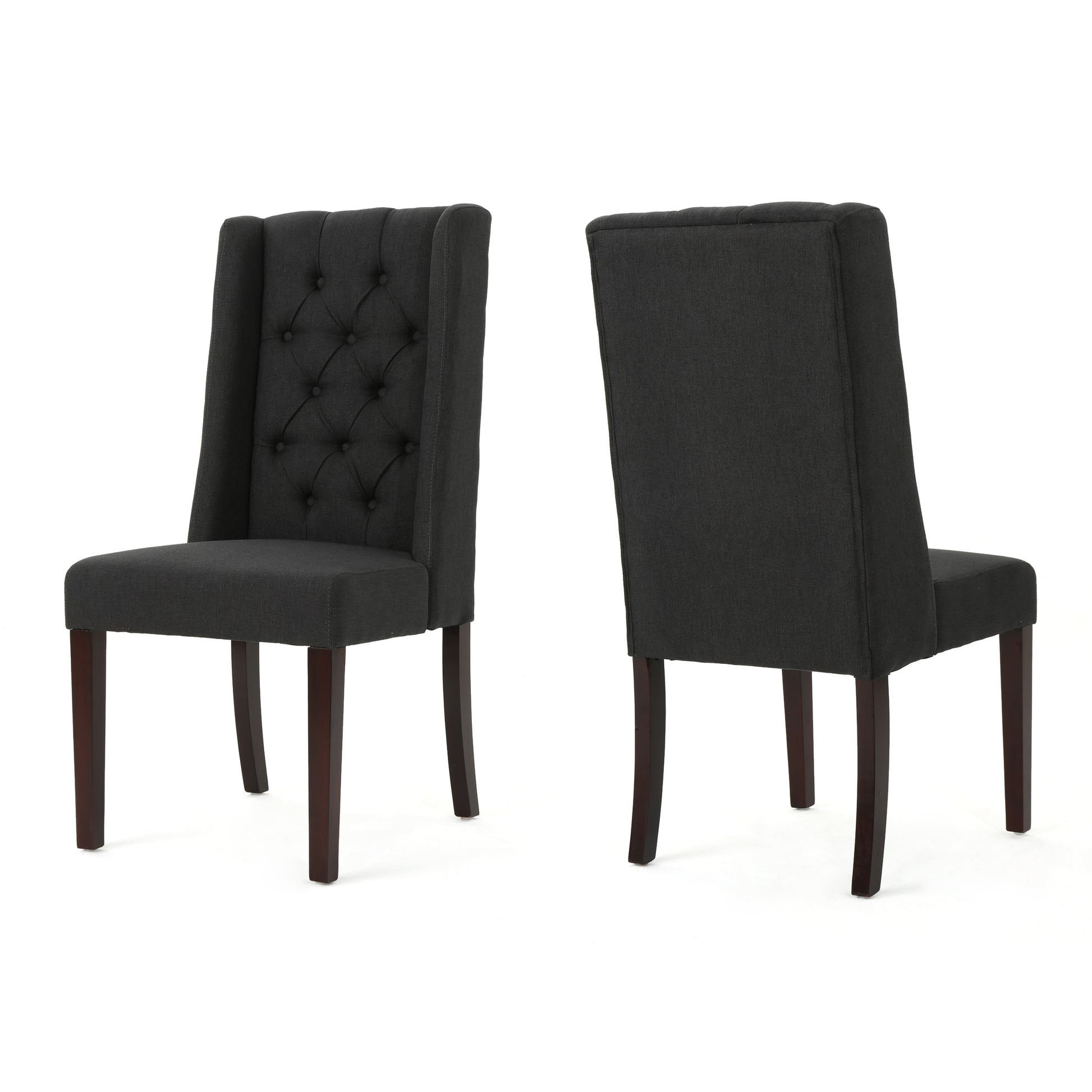 Dark gray upholstered dining chair with tufted back and wooden legs