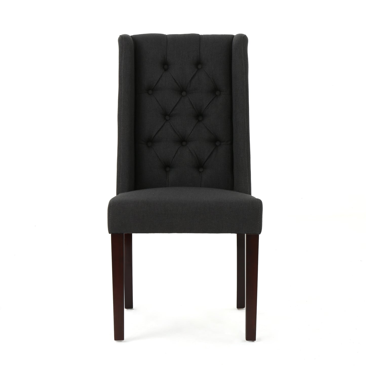 Dark gray tufted fabric dining chair with dark wood legs