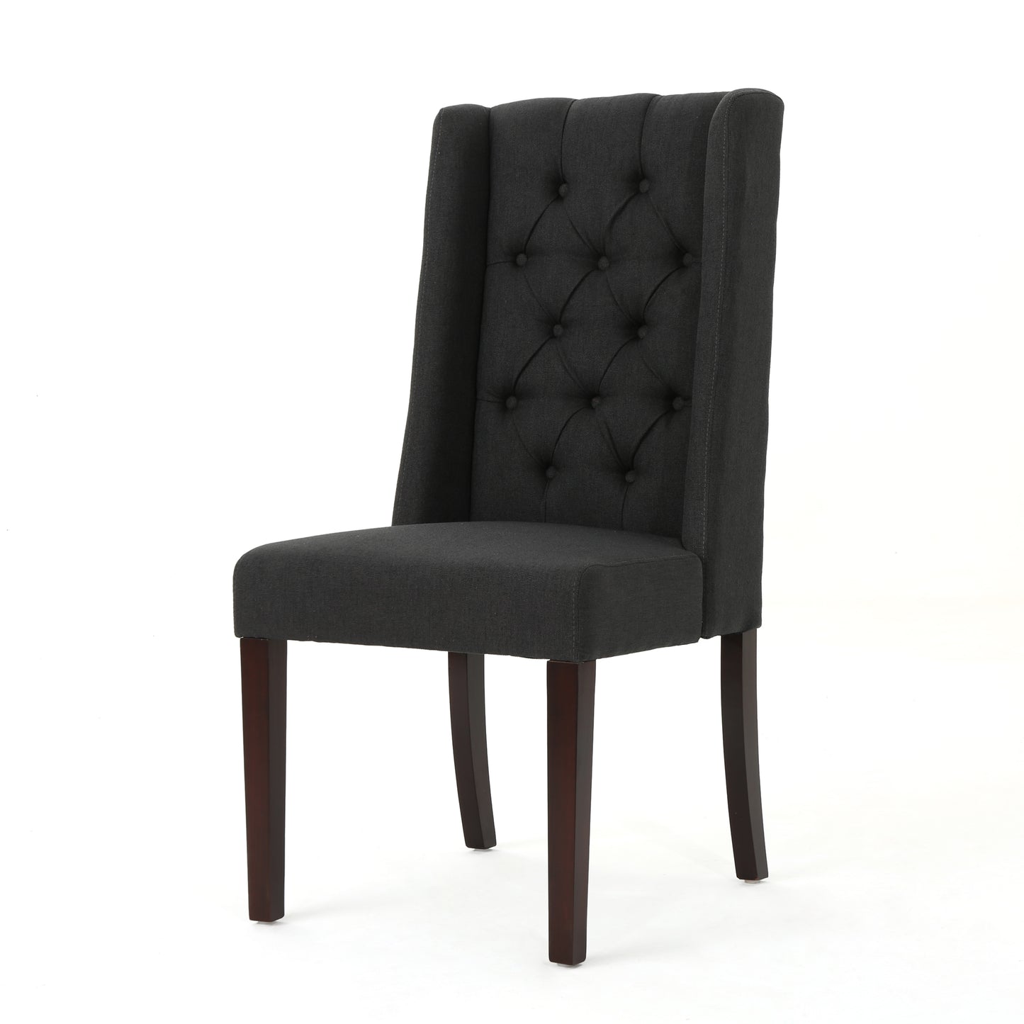 Dark grey fabric tufted wingback dining chair with dark wood legs