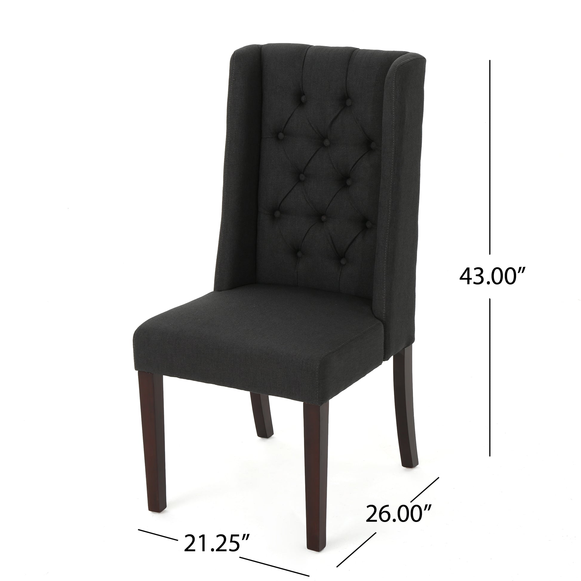 Dark gray upholstered dining chair with diamond tufted back and dark wood legs