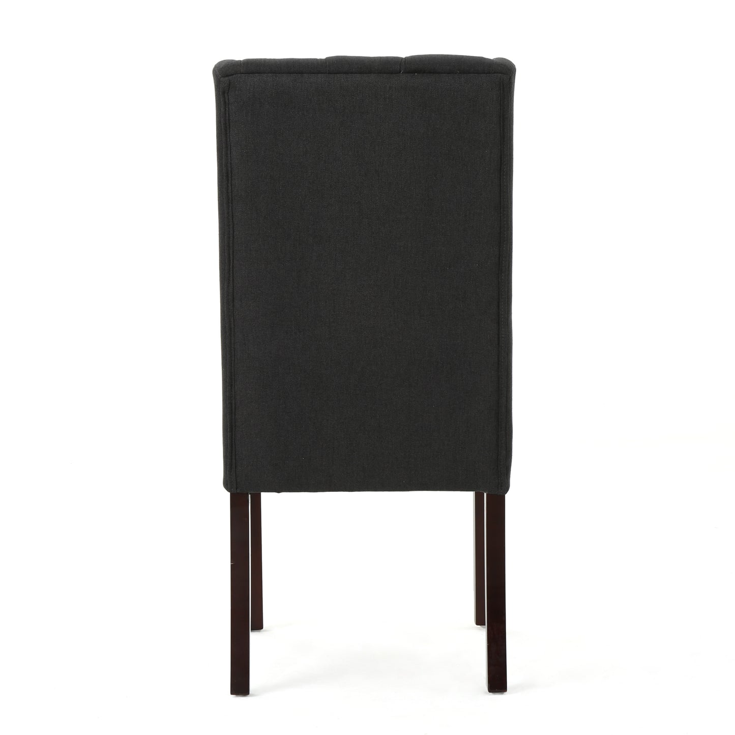 Dark gray tufted upholstered dining chair with dark wood legs
