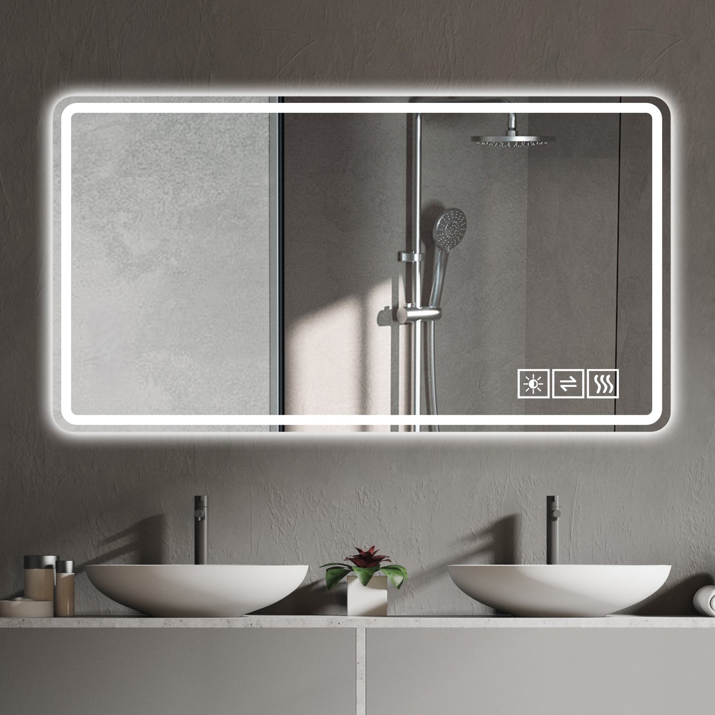 Rectangular lighted bathroom mirror with dimming and defogger