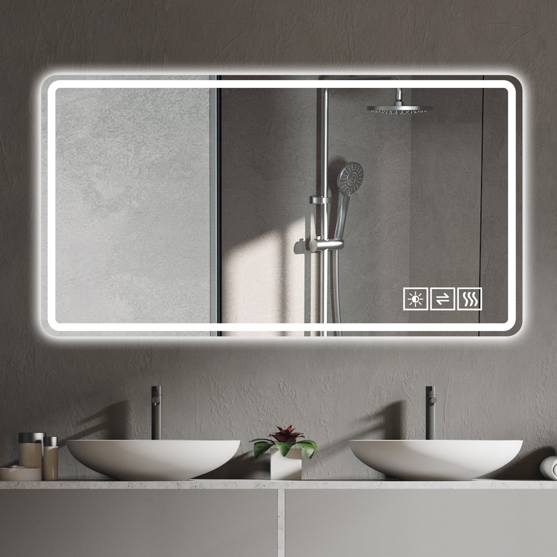 Rectangular lighted bathroom mirror with dimming and defogger