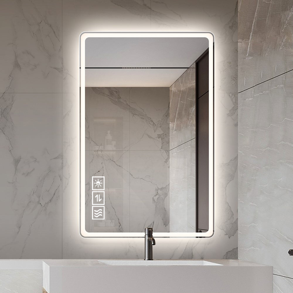 Modern illuminated bathroom mirror with touch controls