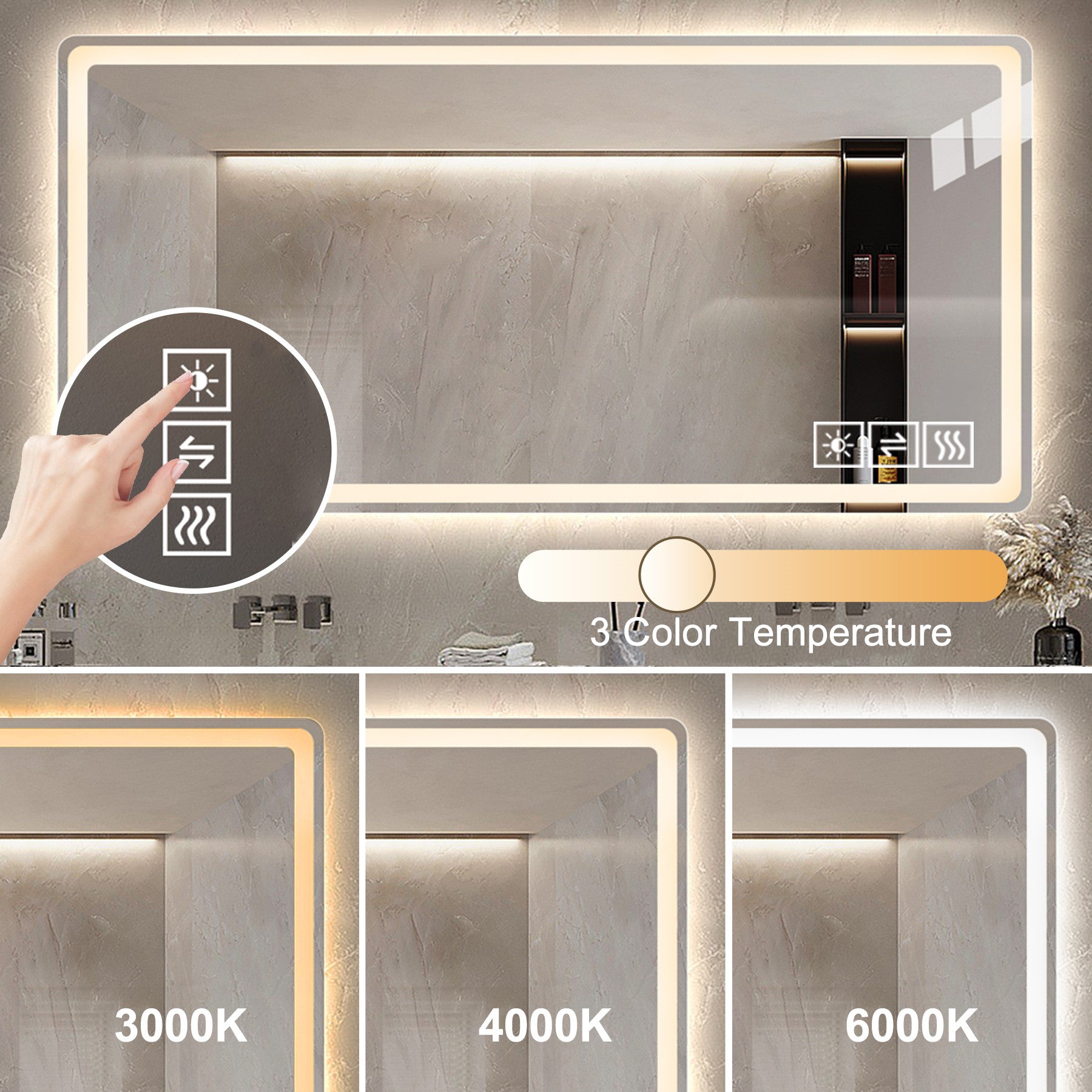 Rectangular smart bathroom mirror with integrated LED lighting and touch controls