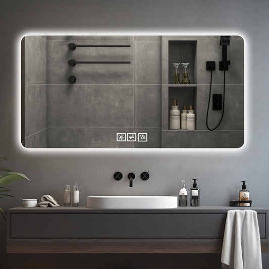 Modern illuminated bathroom mirror with touch controls and defogger