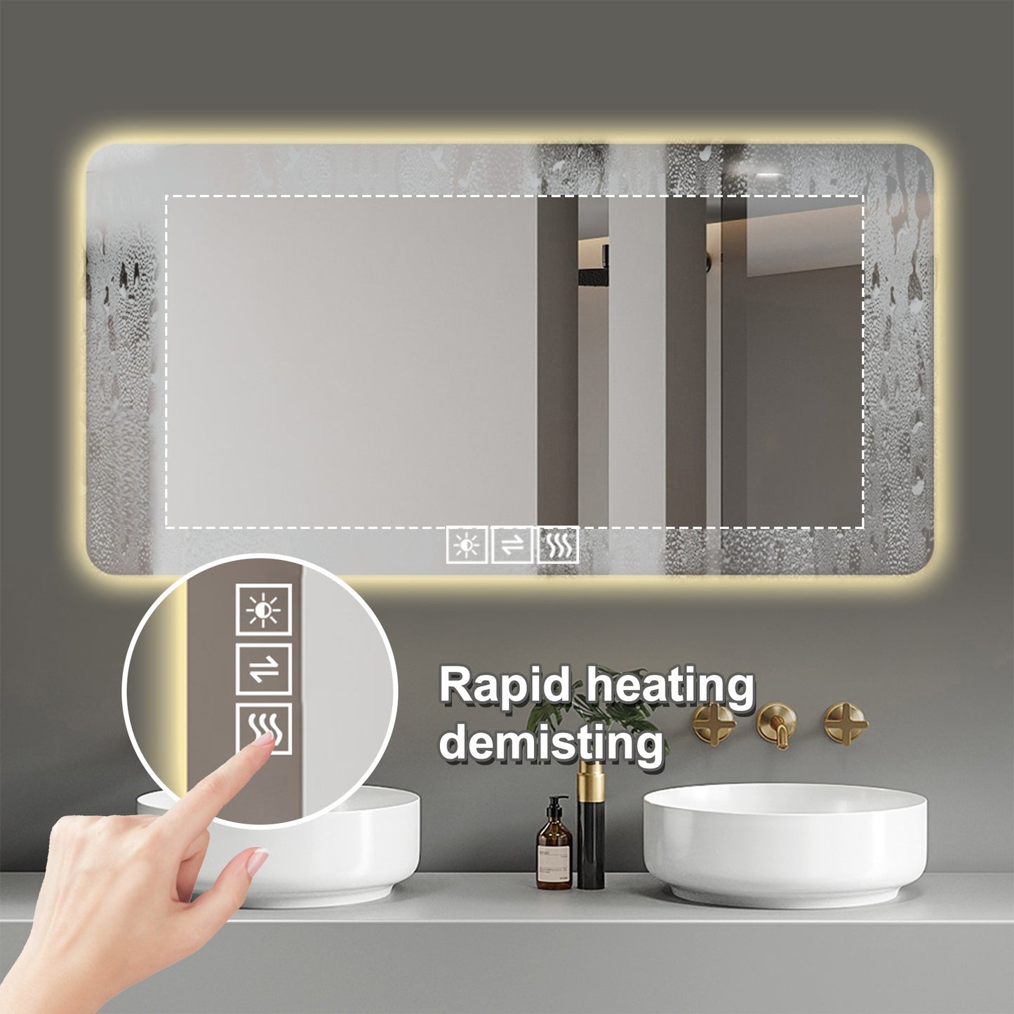 Backlit LED bathroom mirror with antifog and rapid heating