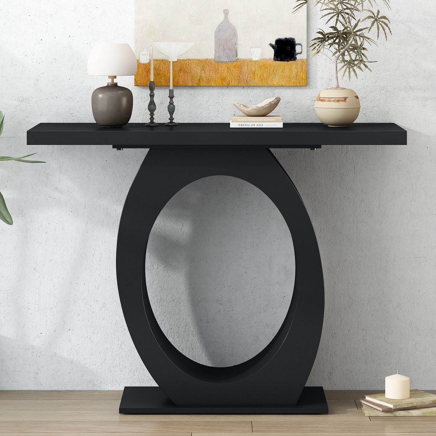 Modern black console table with unique oval cutout base