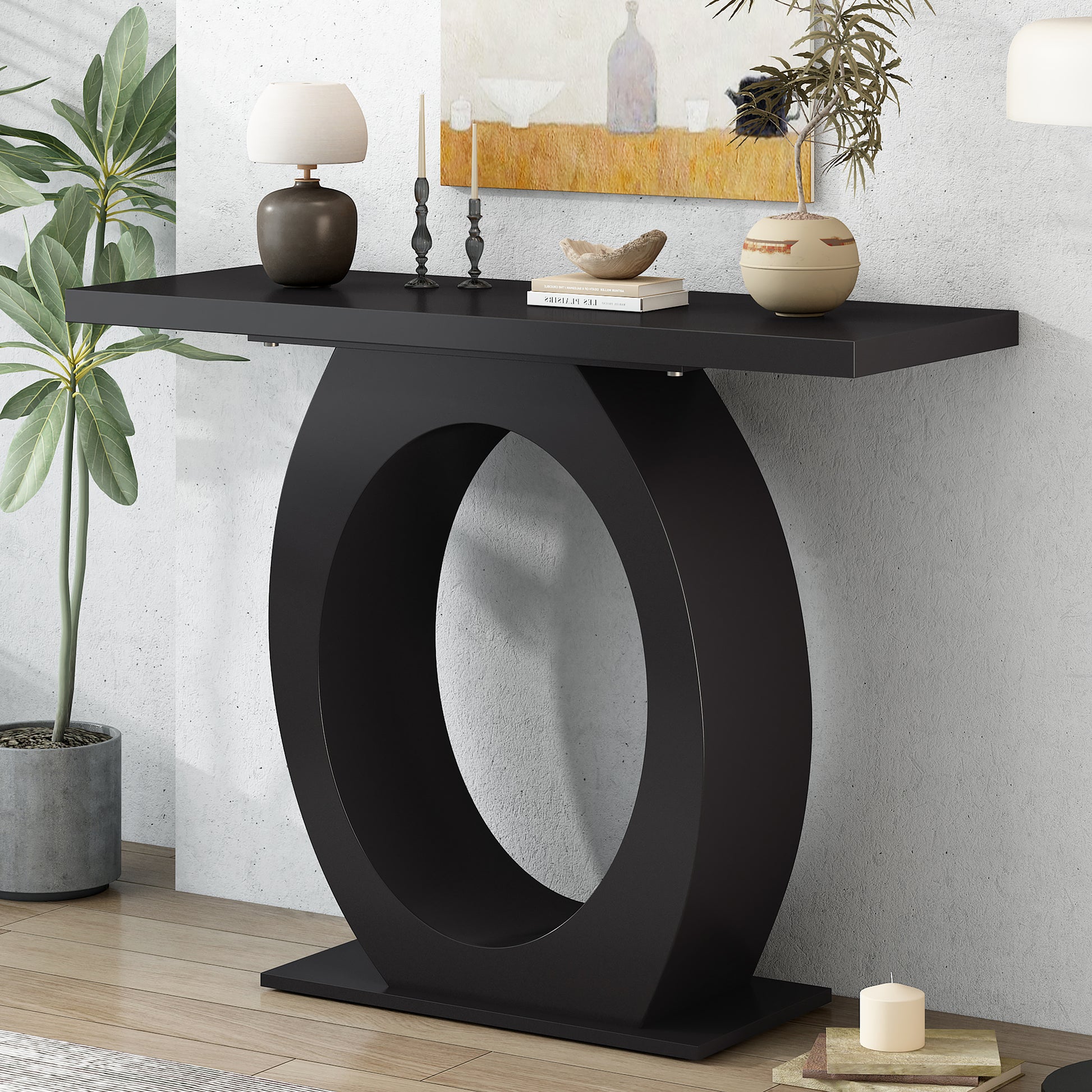 Black modern console table with unique oval base