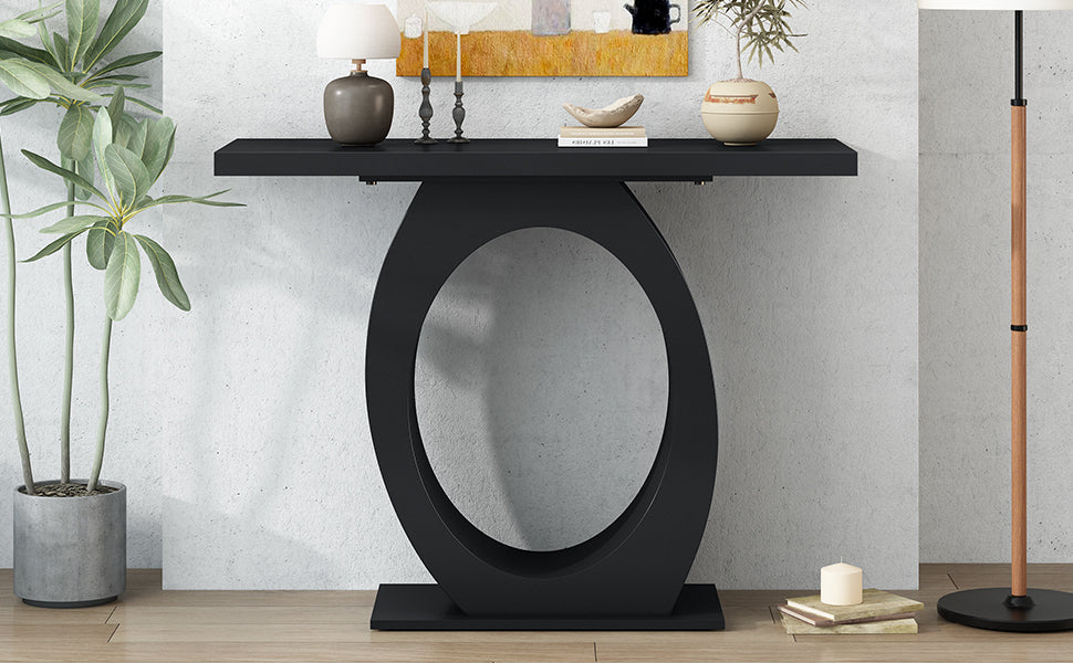 Black modern entryway console table with oval pedestal
