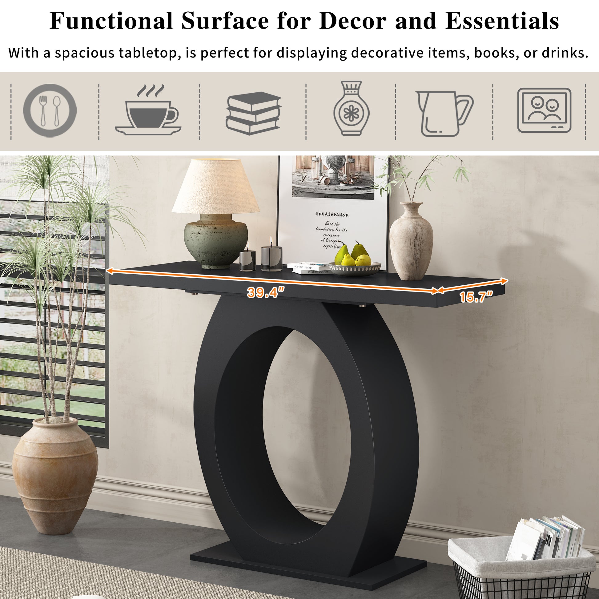 Black modern console table with unique oval base and ample tabletop space