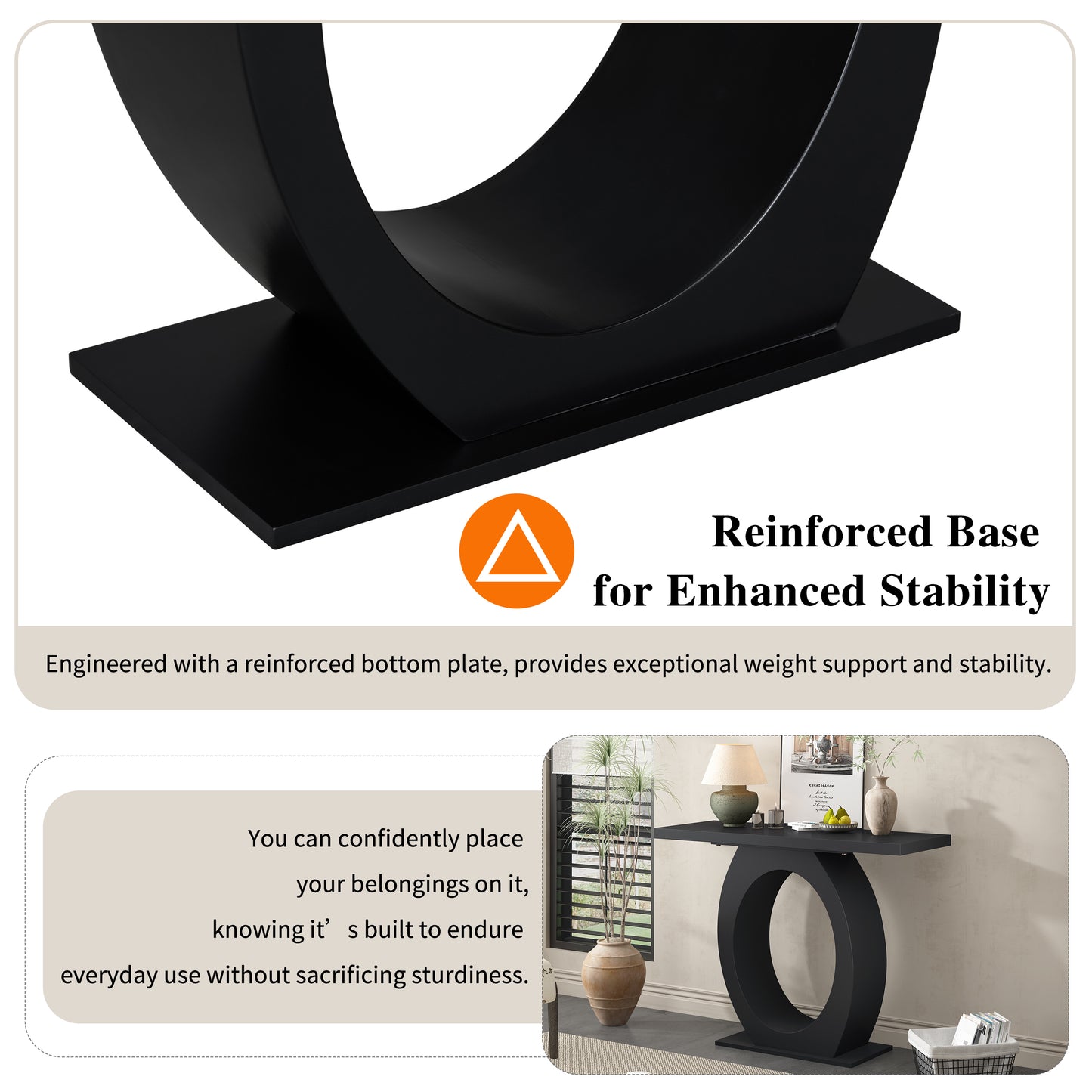 Black console table with reinforced base for enhanced stability