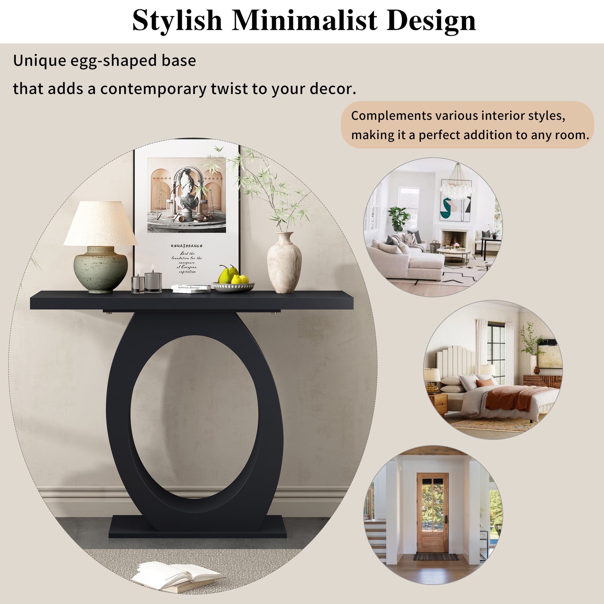 Black console table with eggshaped base