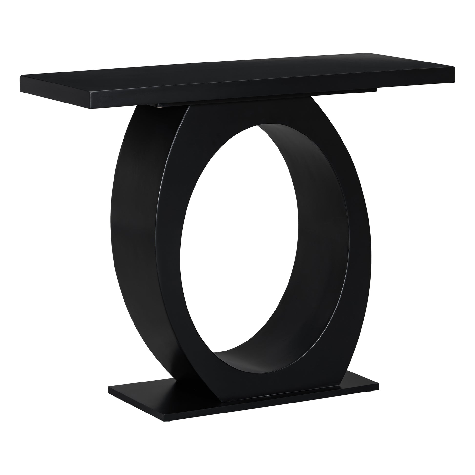 Sleek black console table with a unique circular base and rectangular top