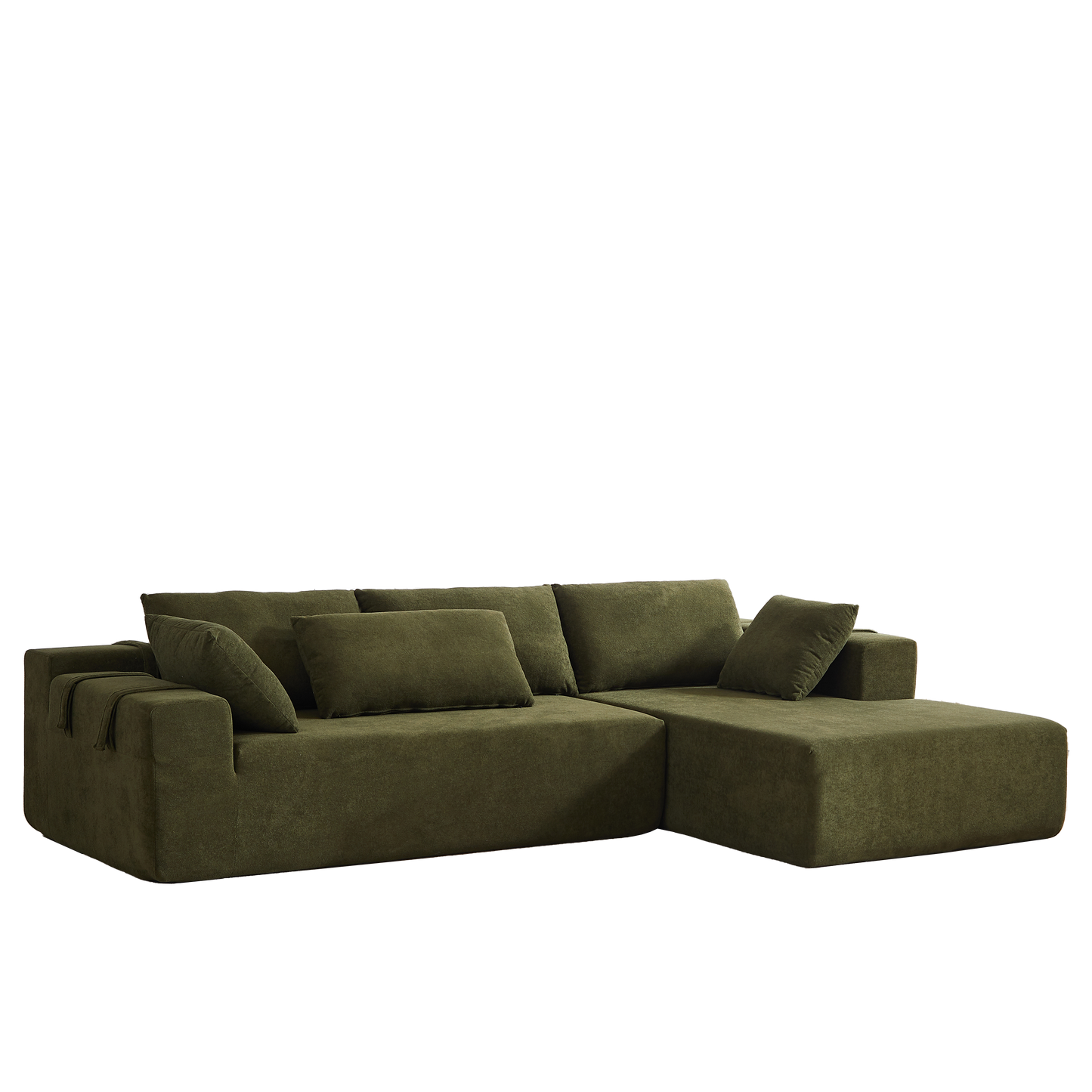 Deep green velvet sectional sofa with plush cushions and chaise lounge attachment perfect for modern living rooms