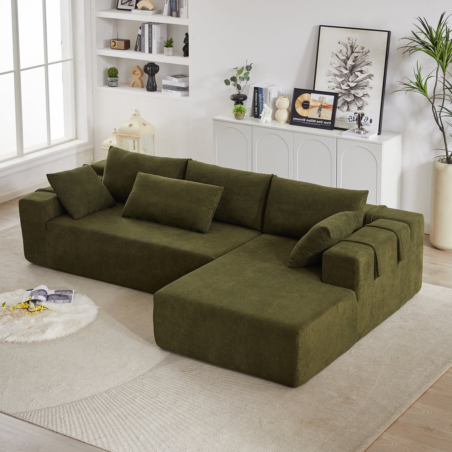 Olive green sectional sofa with plush cushions