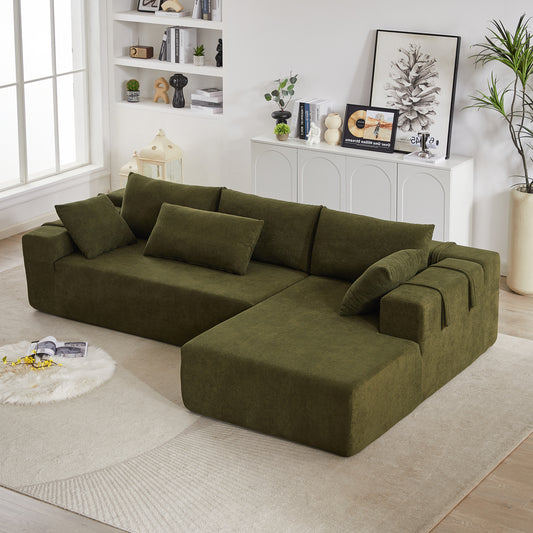 Olive green sectional sofa with plush cushions