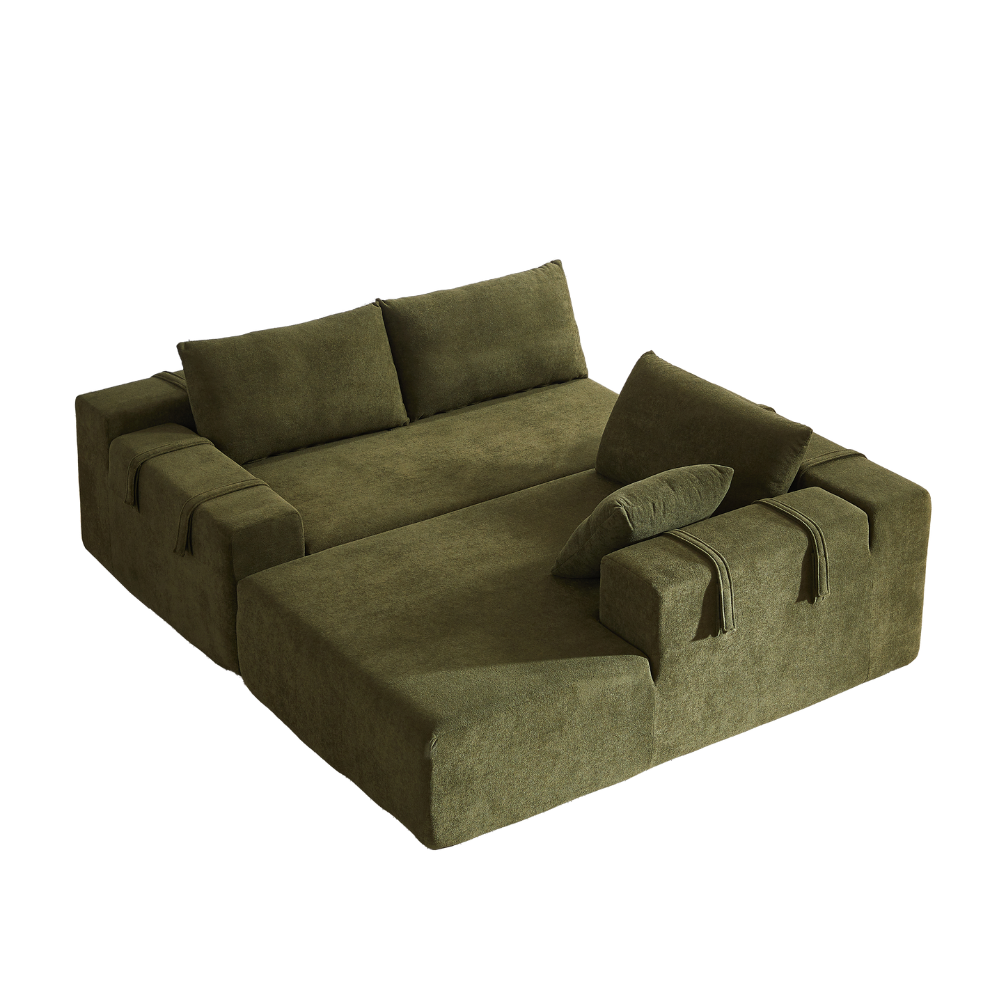 Modern modular olive green sectional sofa with chaise lounge and plush cushions