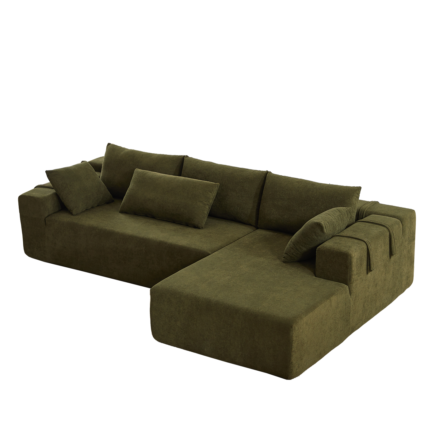 Deep green fabric sectional sofa with multiple plush cushions