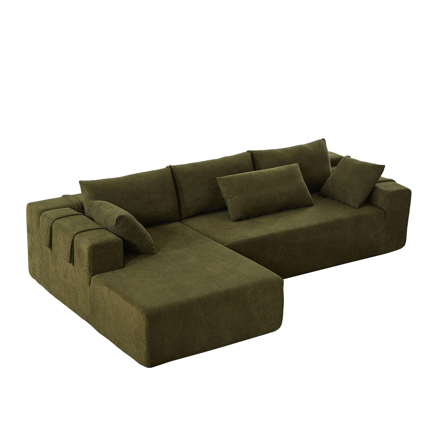 Plush olive green sectional sofa with throw pillows perfect for modern living rooms