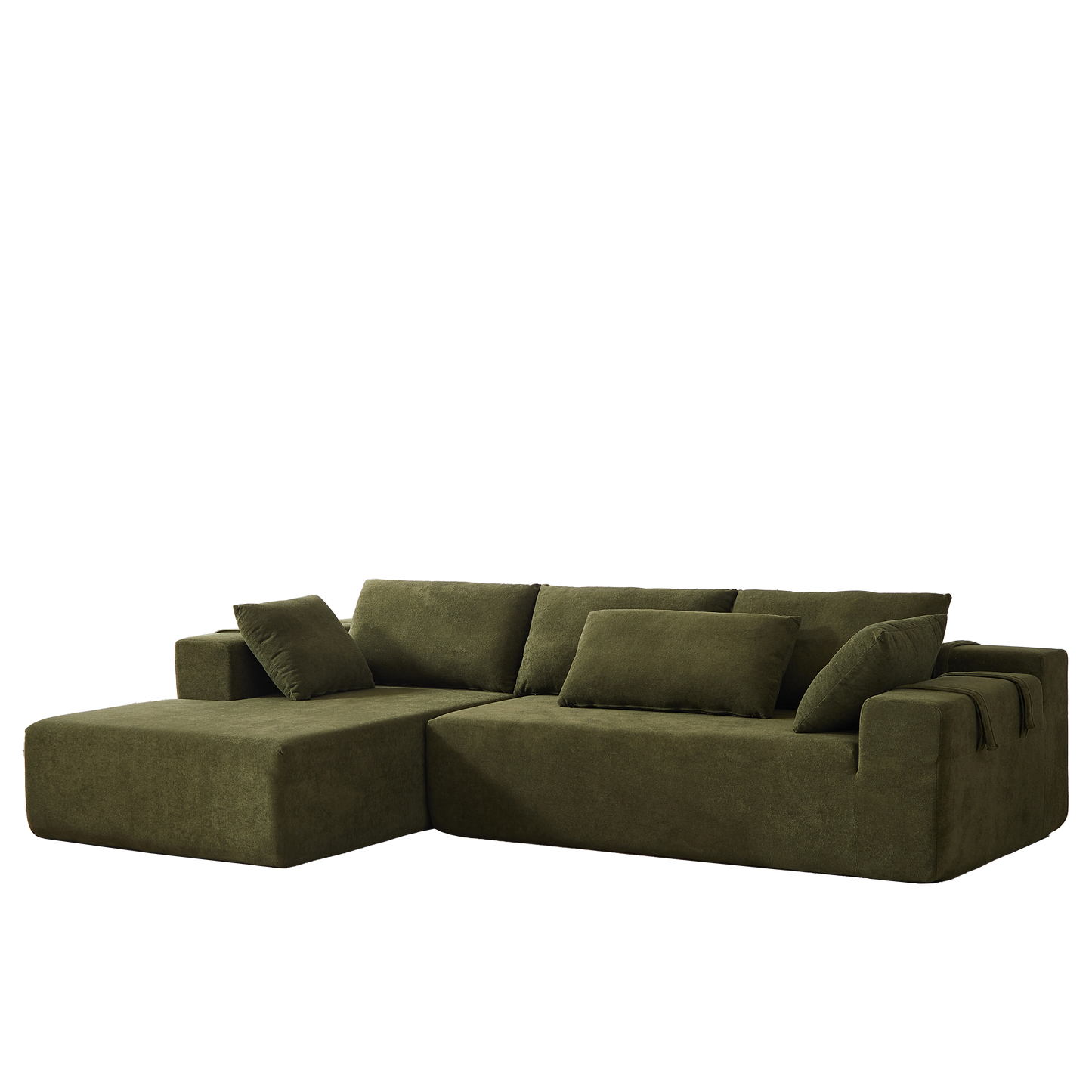 Plush green sectional sofa with modern lowprofile design and multiple throw pillows
