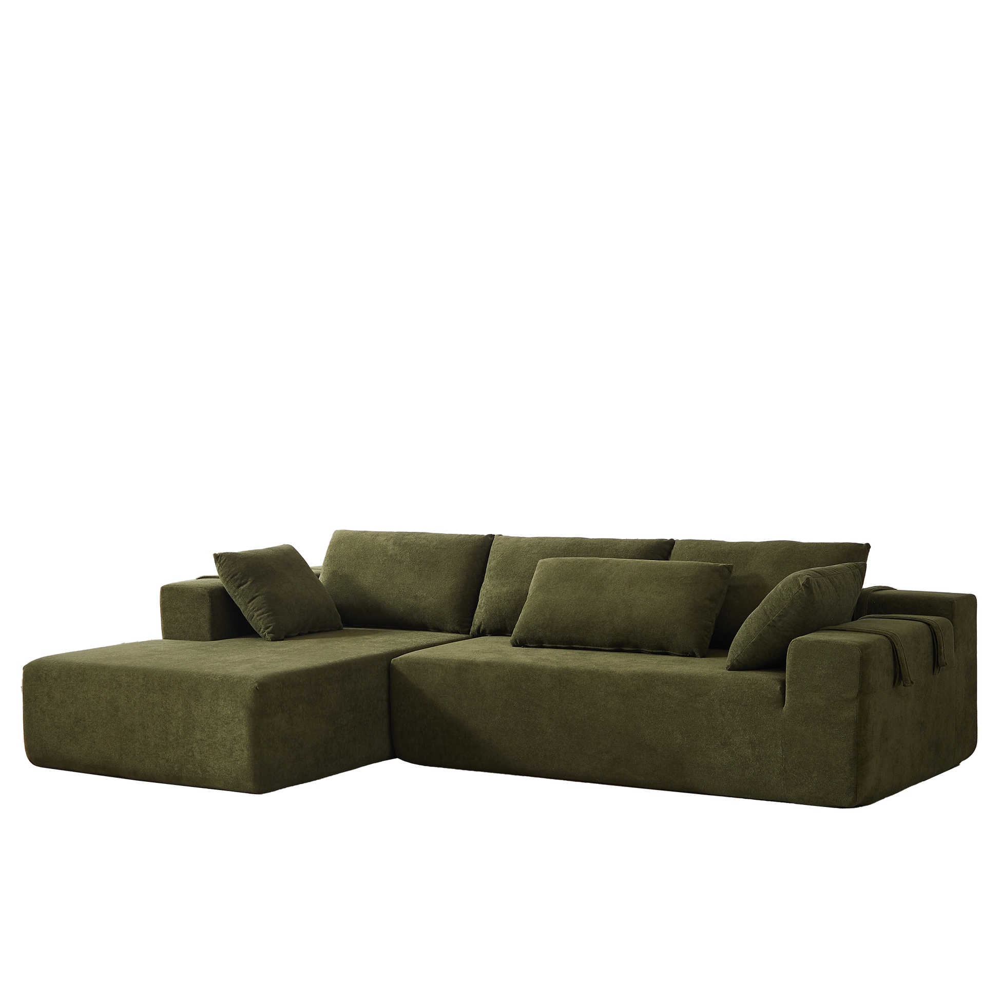 Plush green sectional sofa with modern lowprofile design and multiple throw pillows