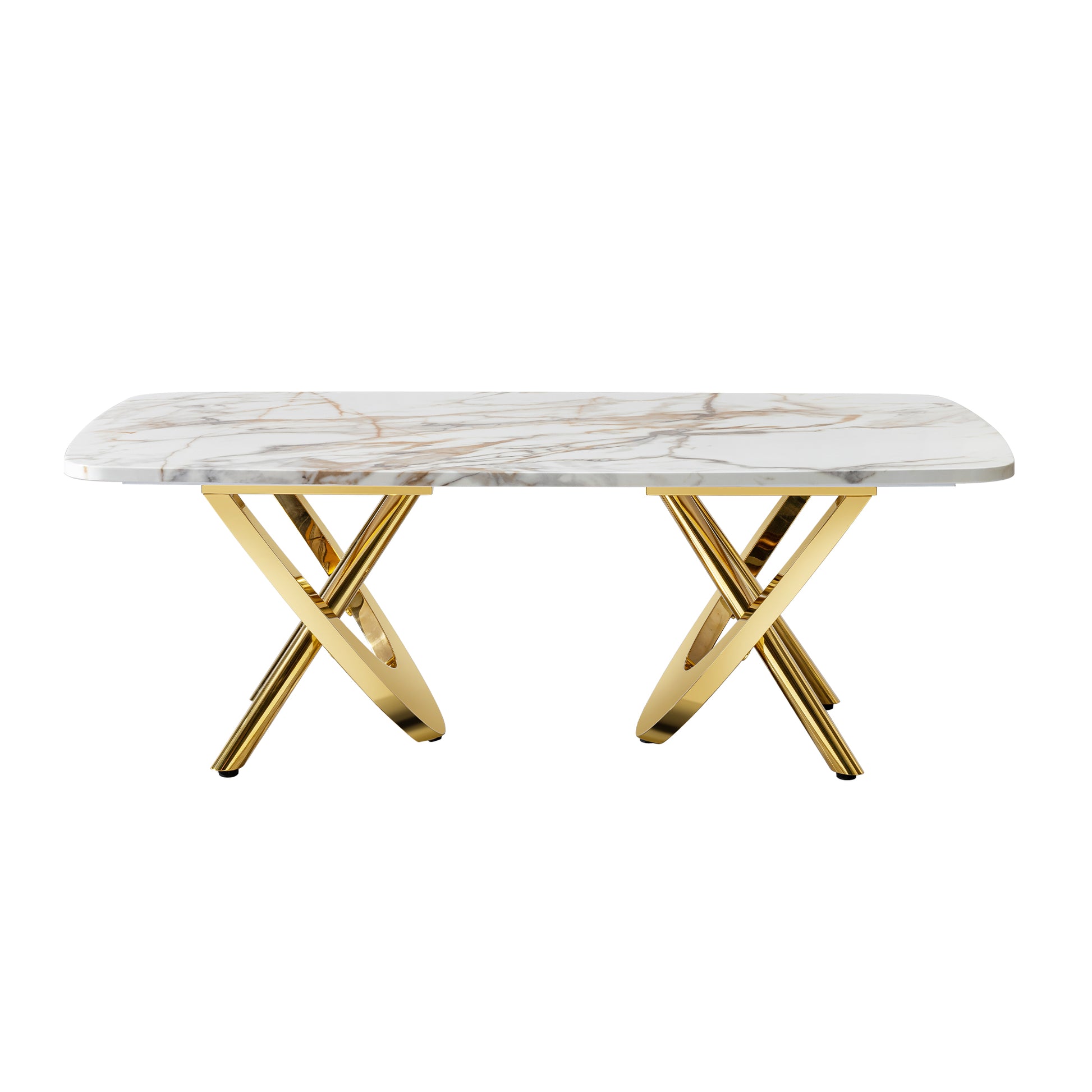Modern white marble coffee table with gold Xshaped legs