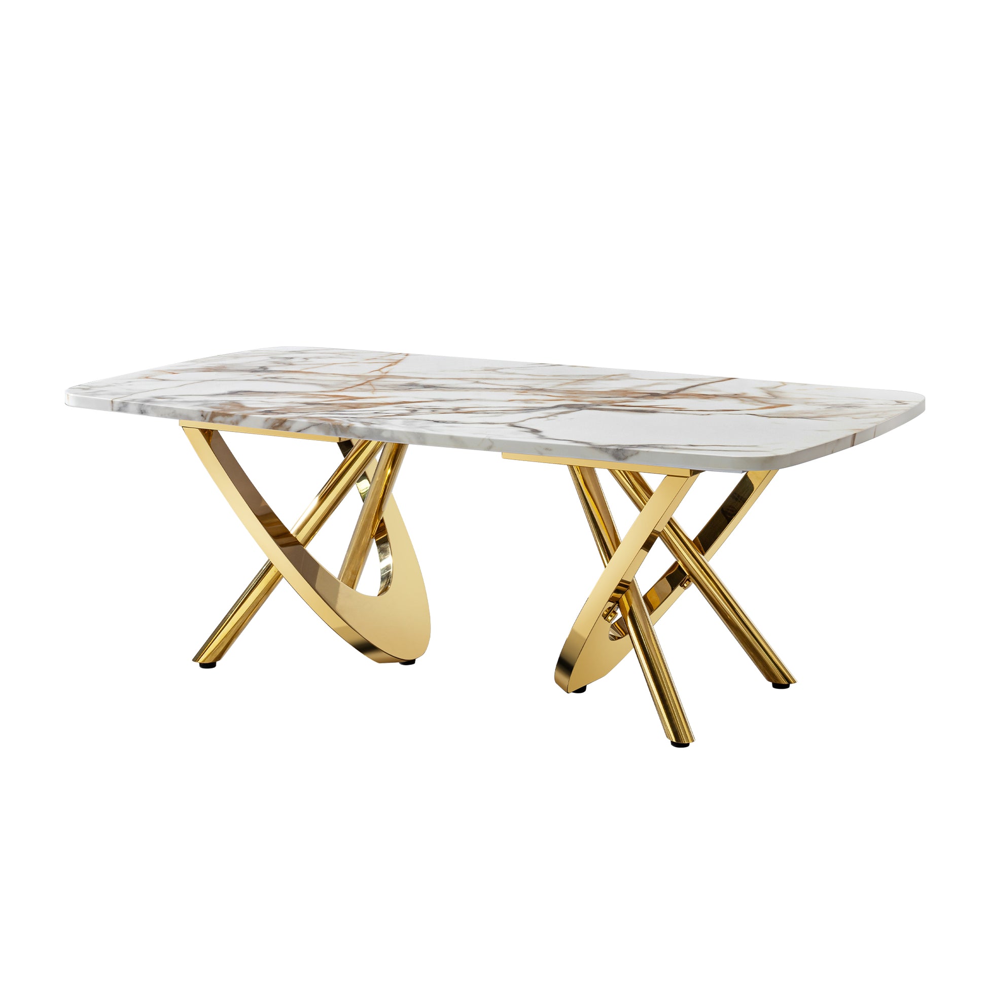 Rectangular marble coffee table with gold Xshaped legs