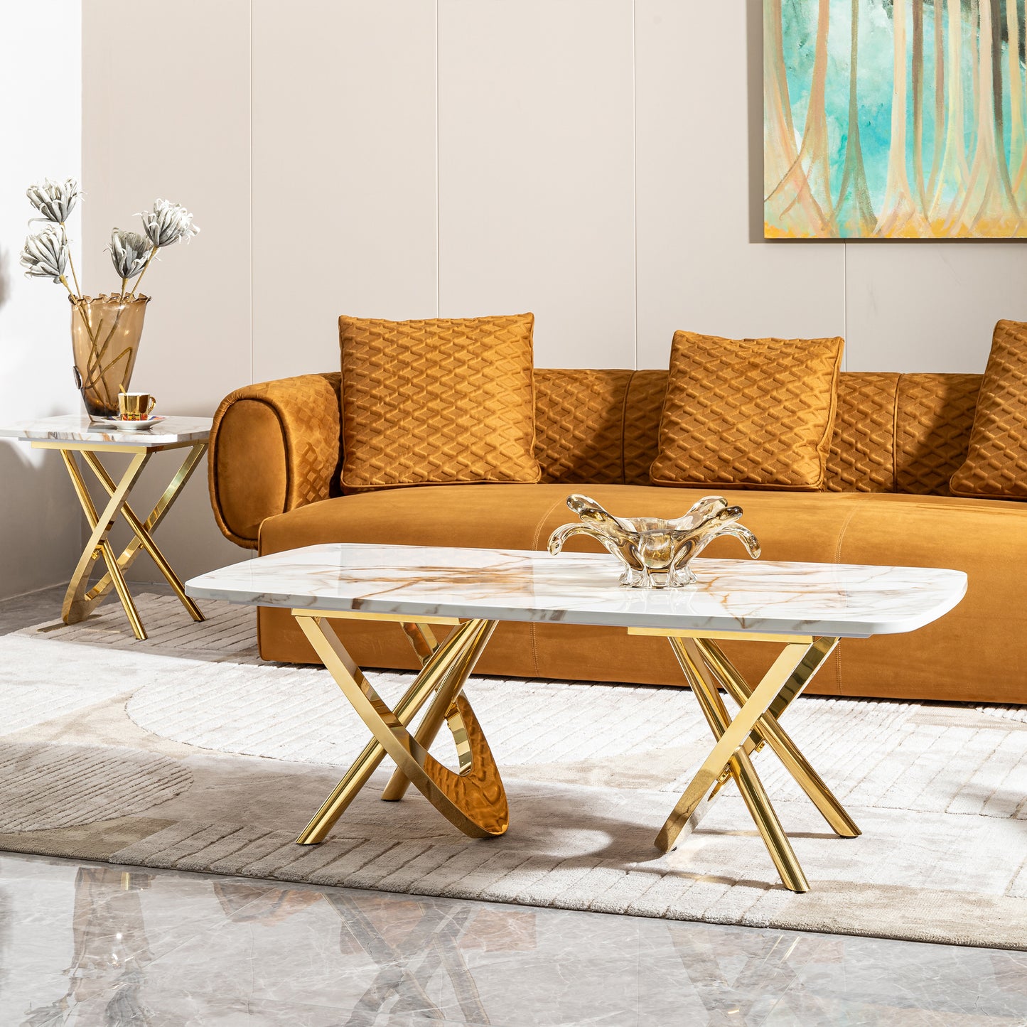 Rectangular marble coffee table with gold Xframe legs