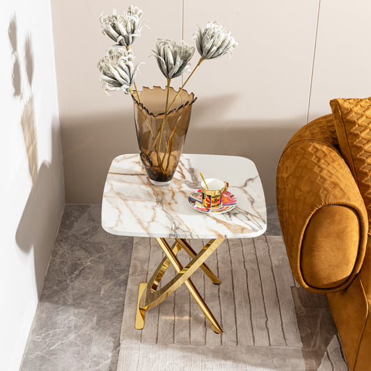 White marble side table with gold Xbase
