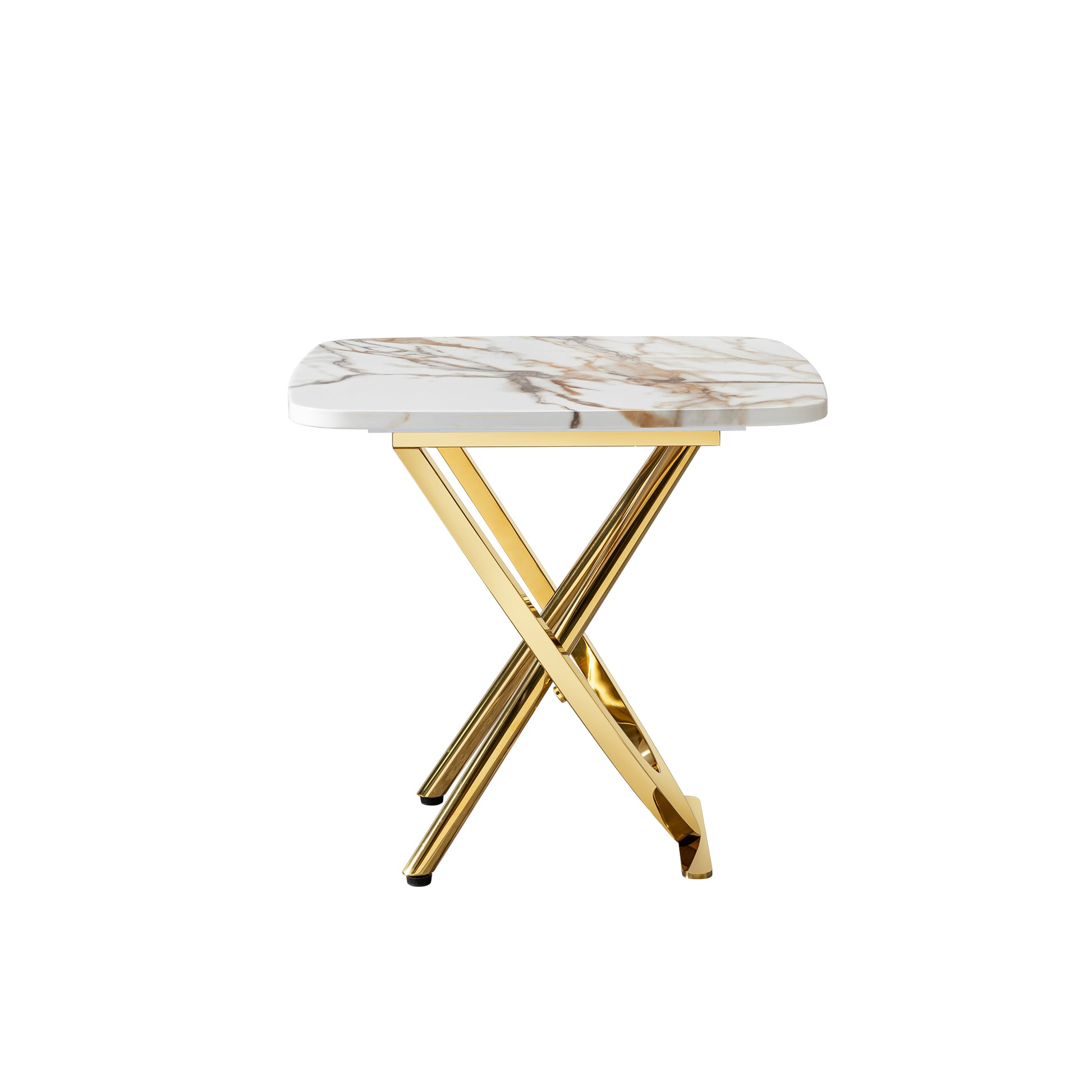 Small accent table with faux marble top and gold Xframe base