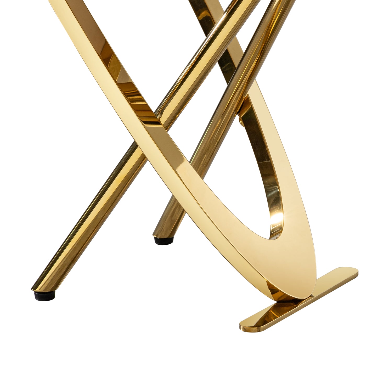 Polished gold metal legs with abstract modern design and black feet