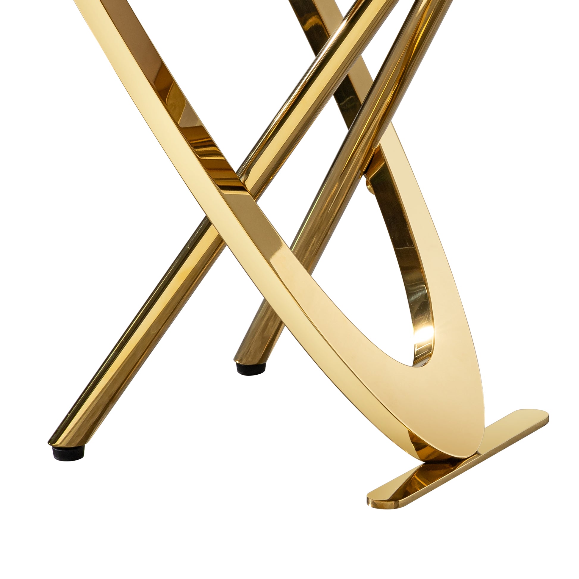 Polished gold metal legs with abstract modern design and black feet