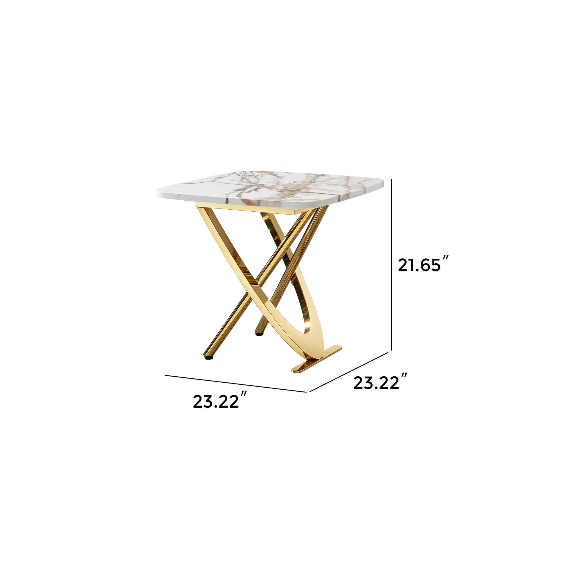 Square white marble end table with gold crisscross base