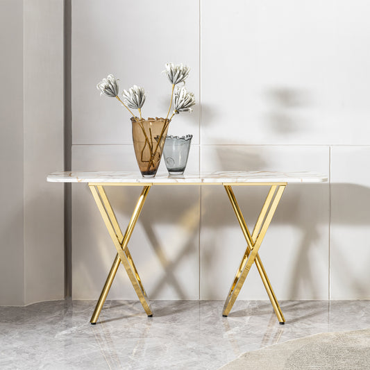 Modern marble console table with striking gold crisscross legs
