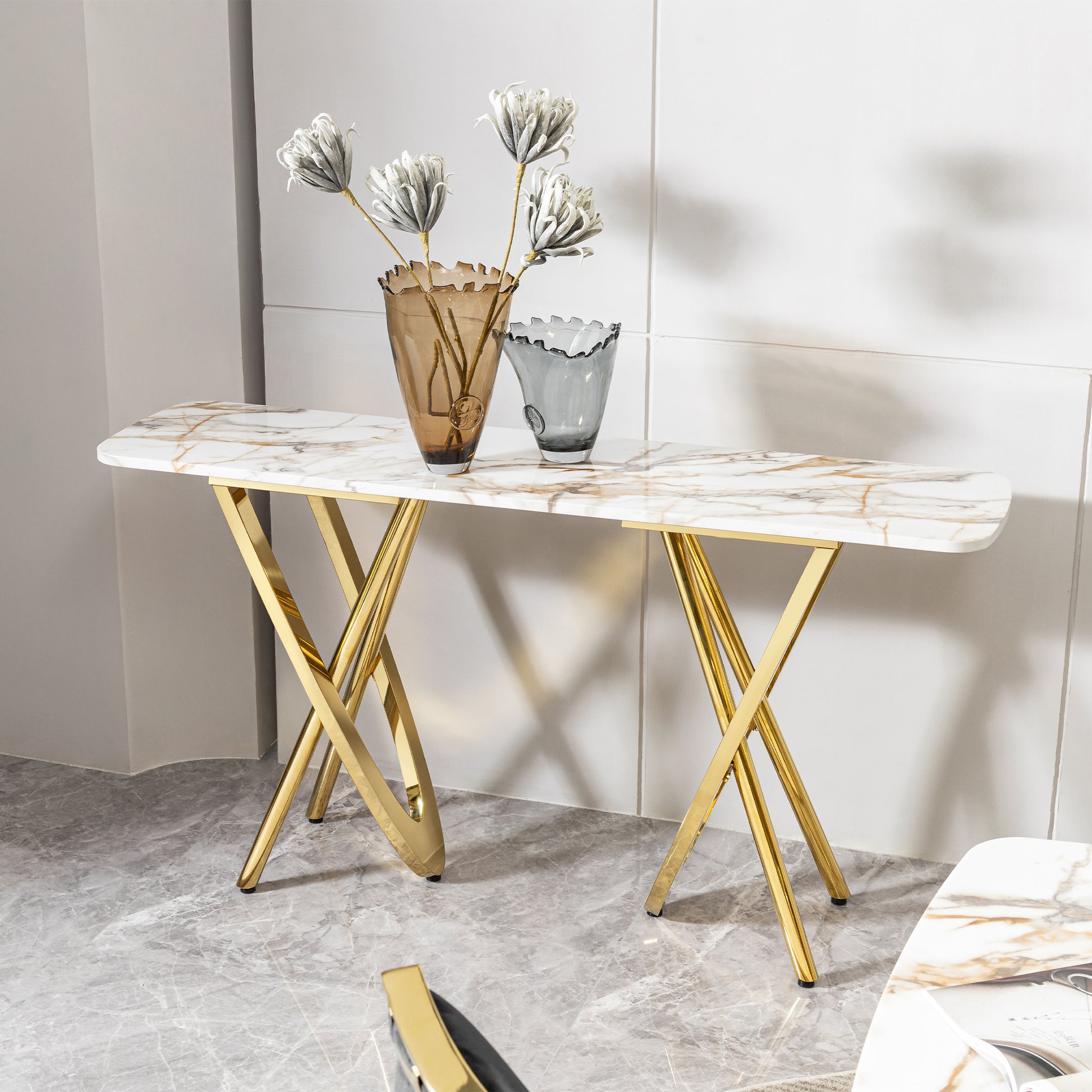 Marble console table with gold Xleg base and modern white marble top perfect for entryways