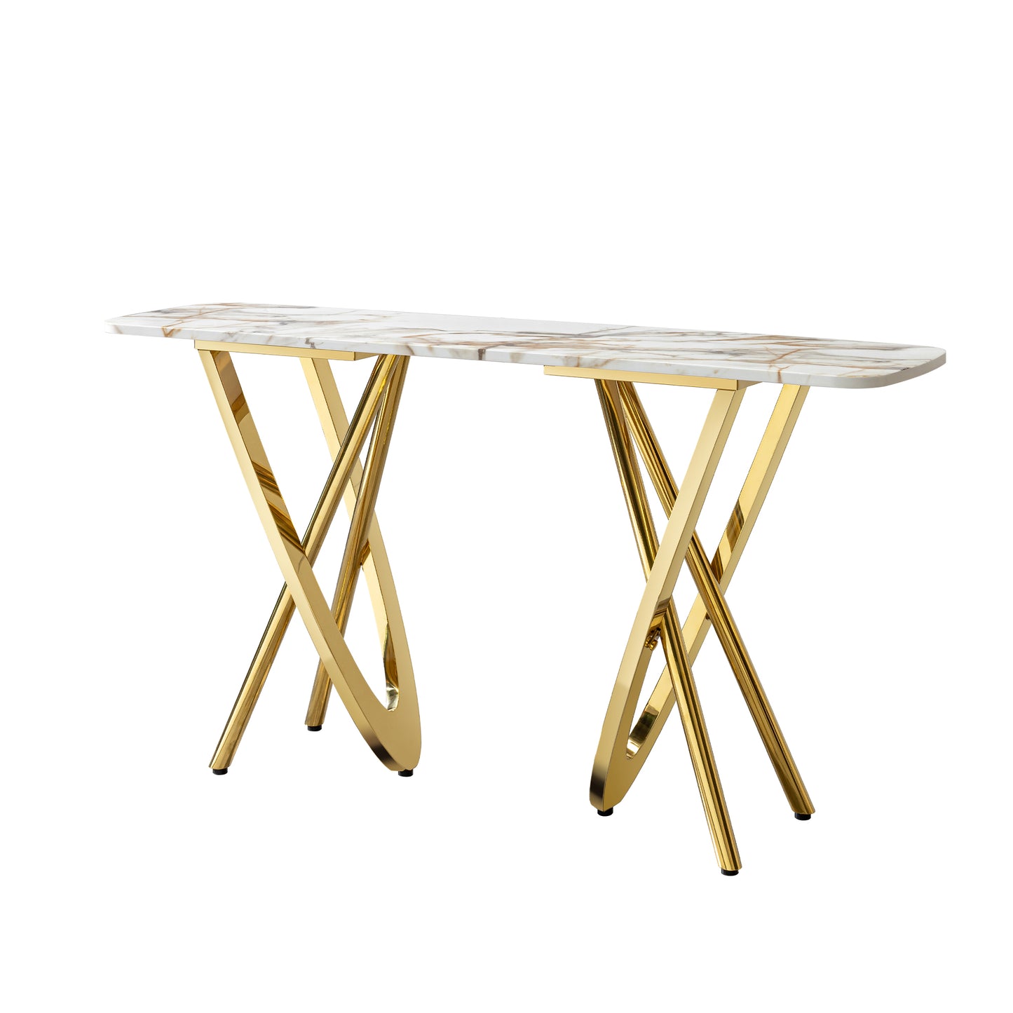 Elegant marble console table with polished gold crisscross legs