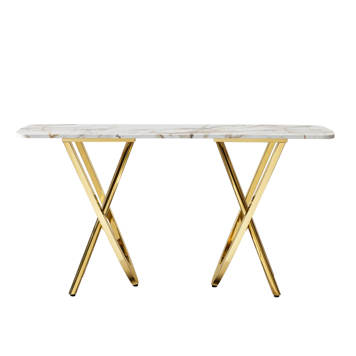Gold console table with marble top and crisscross legs