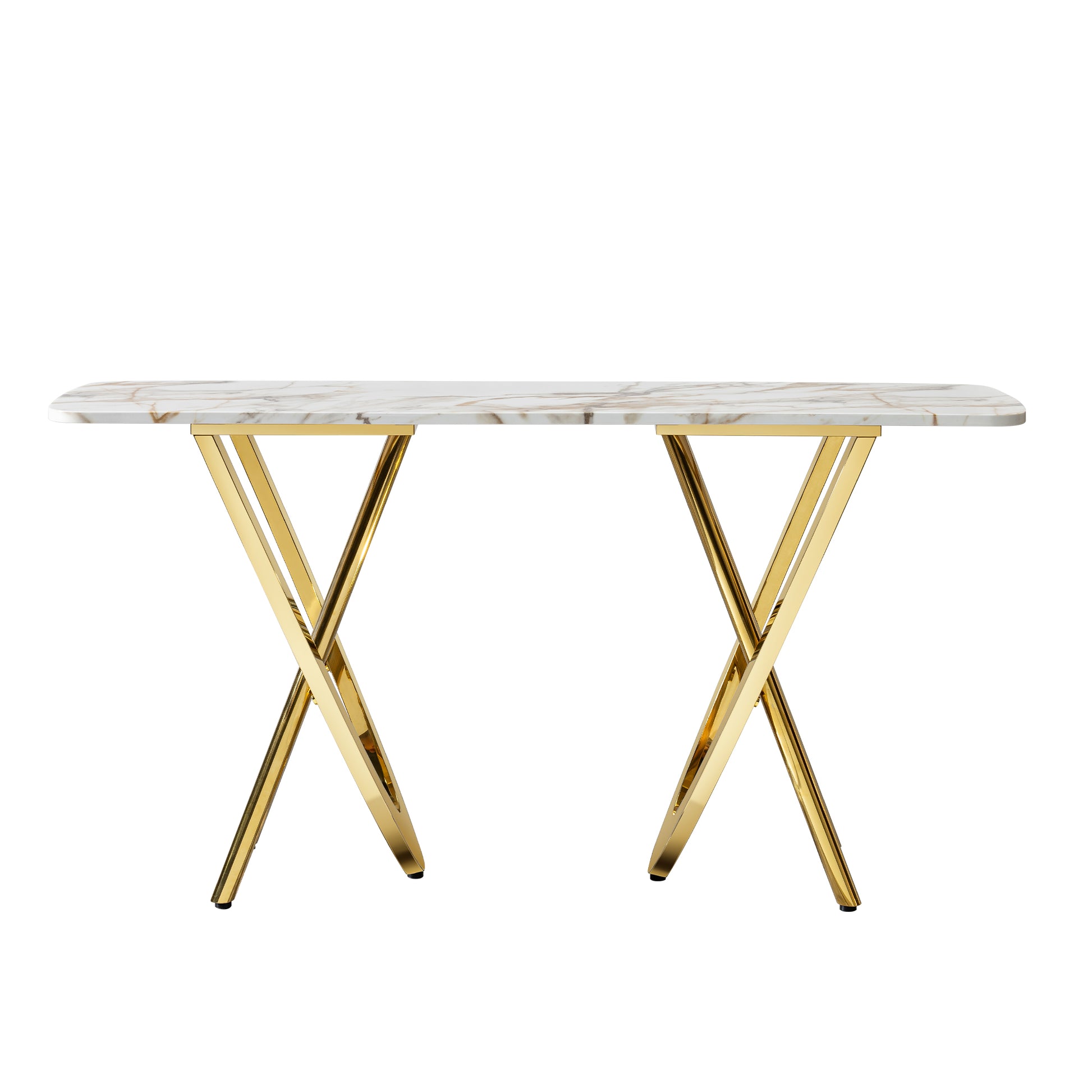Gold console table with marble top and crisscross legs