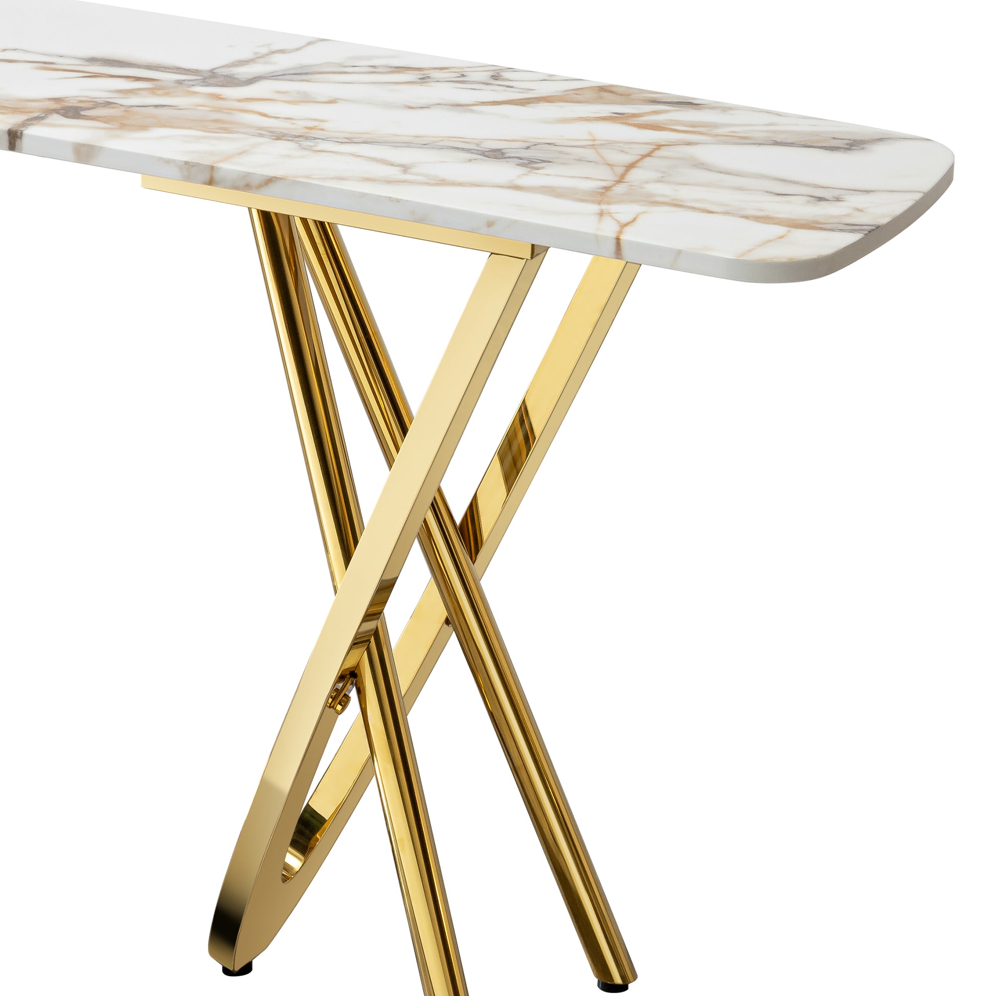 Modern console table with white marble top and gold metal legs
