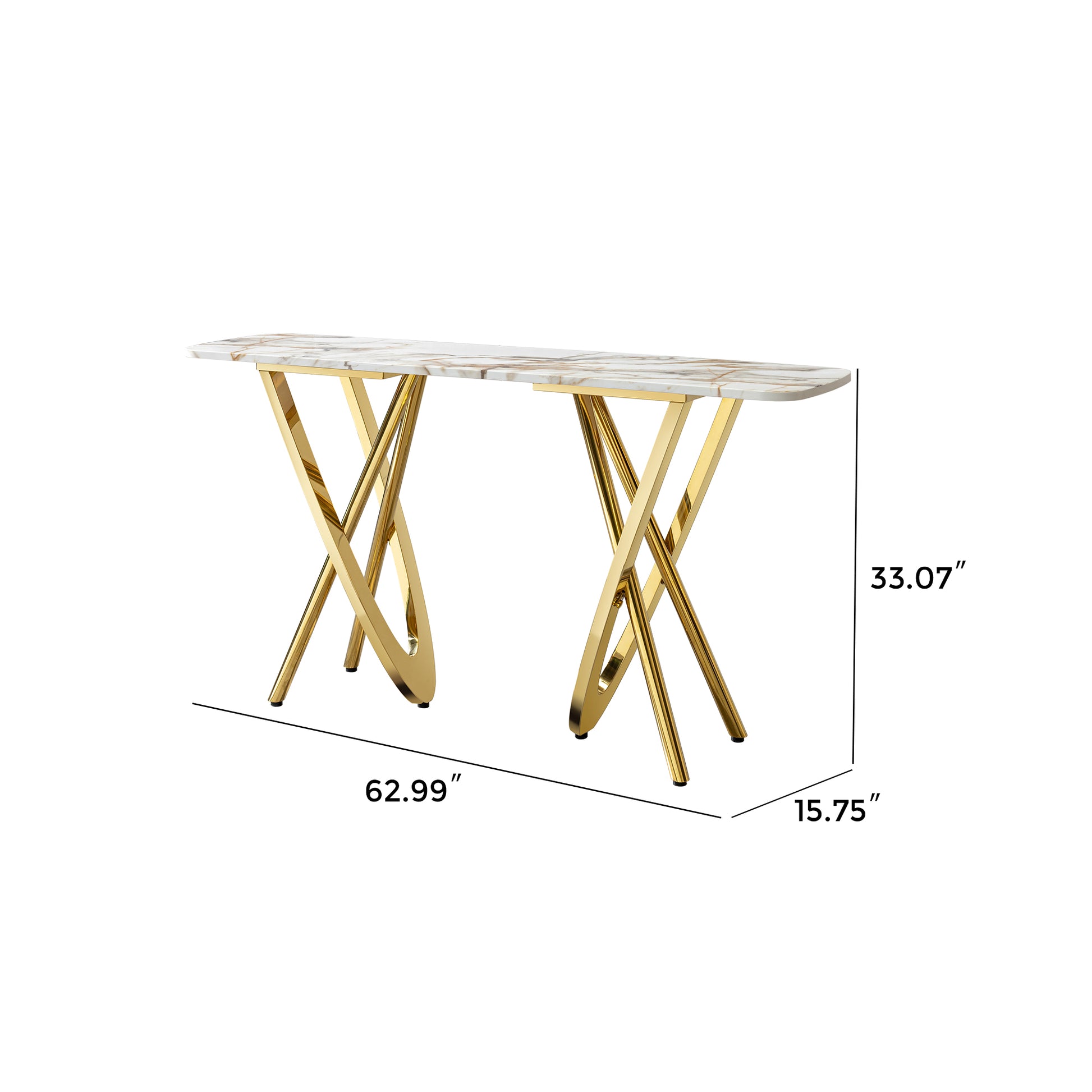 Marble console table with gold crisscross legs and gold accents