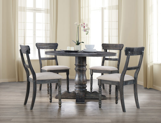 Rustic dark wood round dining table with four upholstered chairs