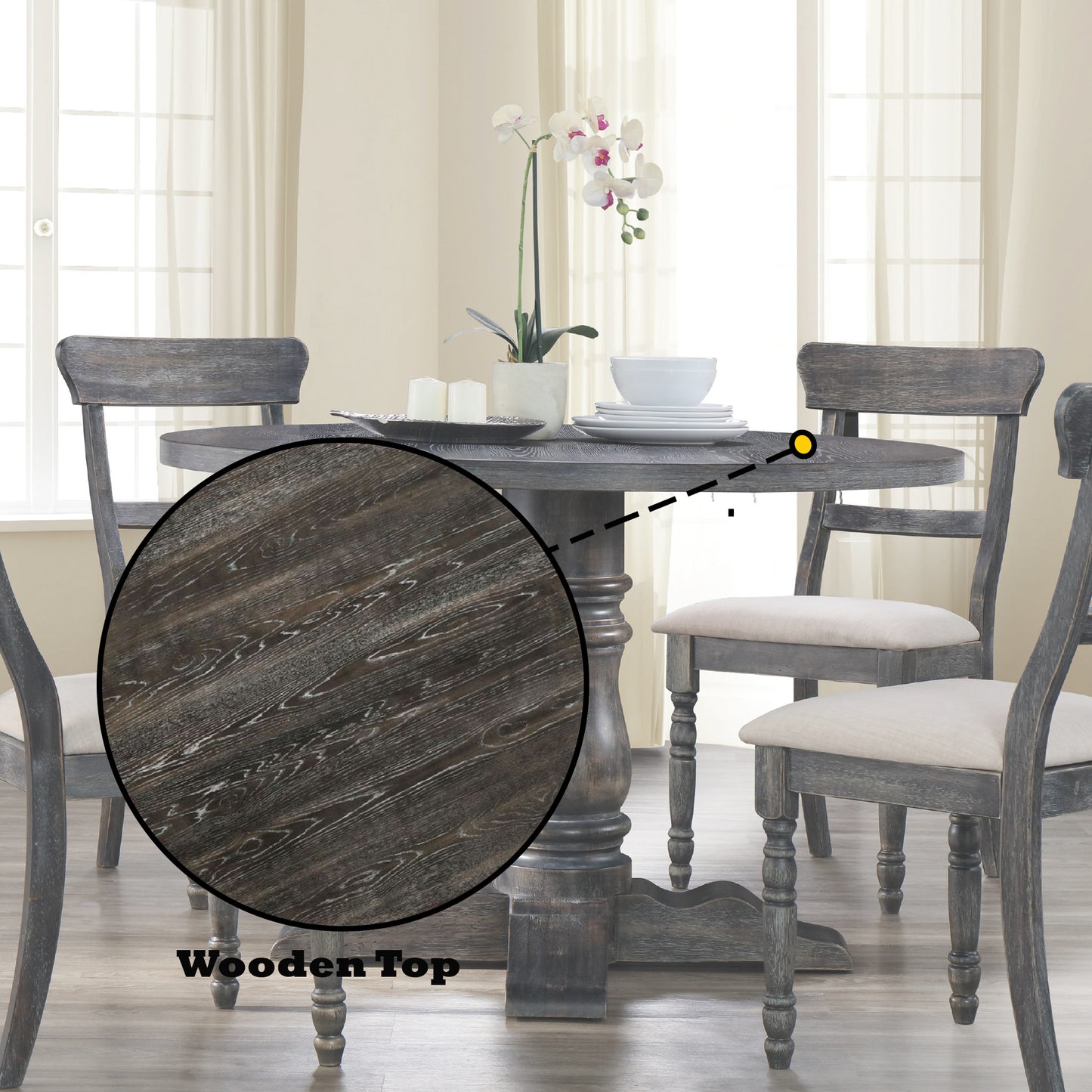 Rustic gray distressed wood dining table set with four chairs