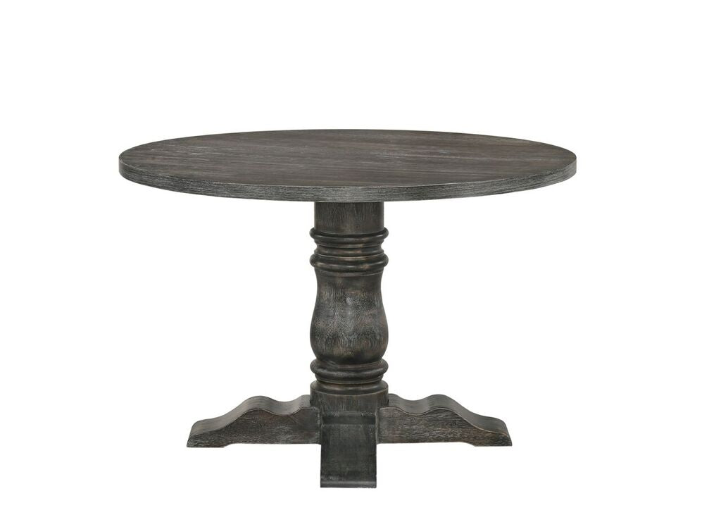 Round pedestal dining table with weathered grey wood finish
