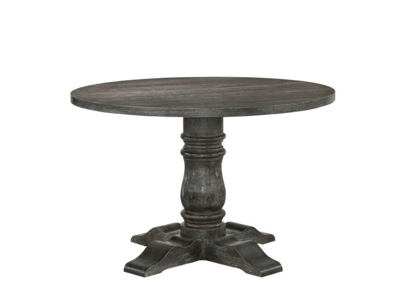 Dark grey round pedestal dining table with distressed wood finish